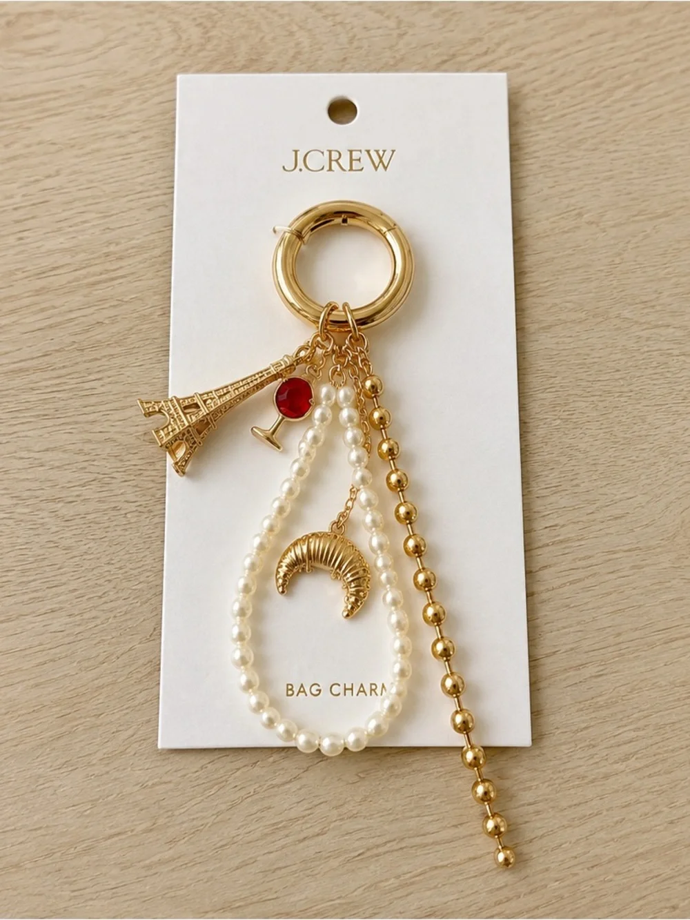 ✨ J.Crew Gold Paris-Themed Bag Charm | Eiffel Tower, Pearls, Wine Glass ✨